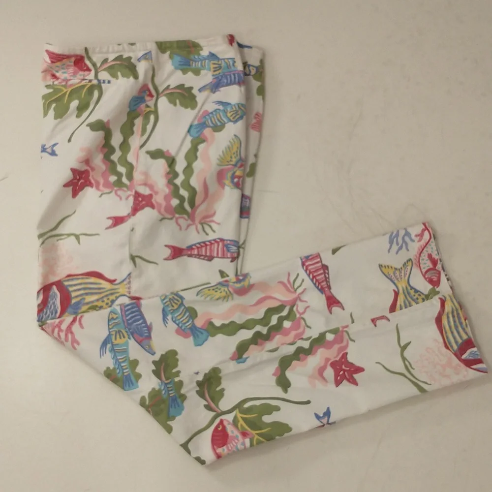 Tropical Fish in Coral Vintage 90s Cotton Pants Pastel On White w Stretch SeeMes - Picture 8 of 12